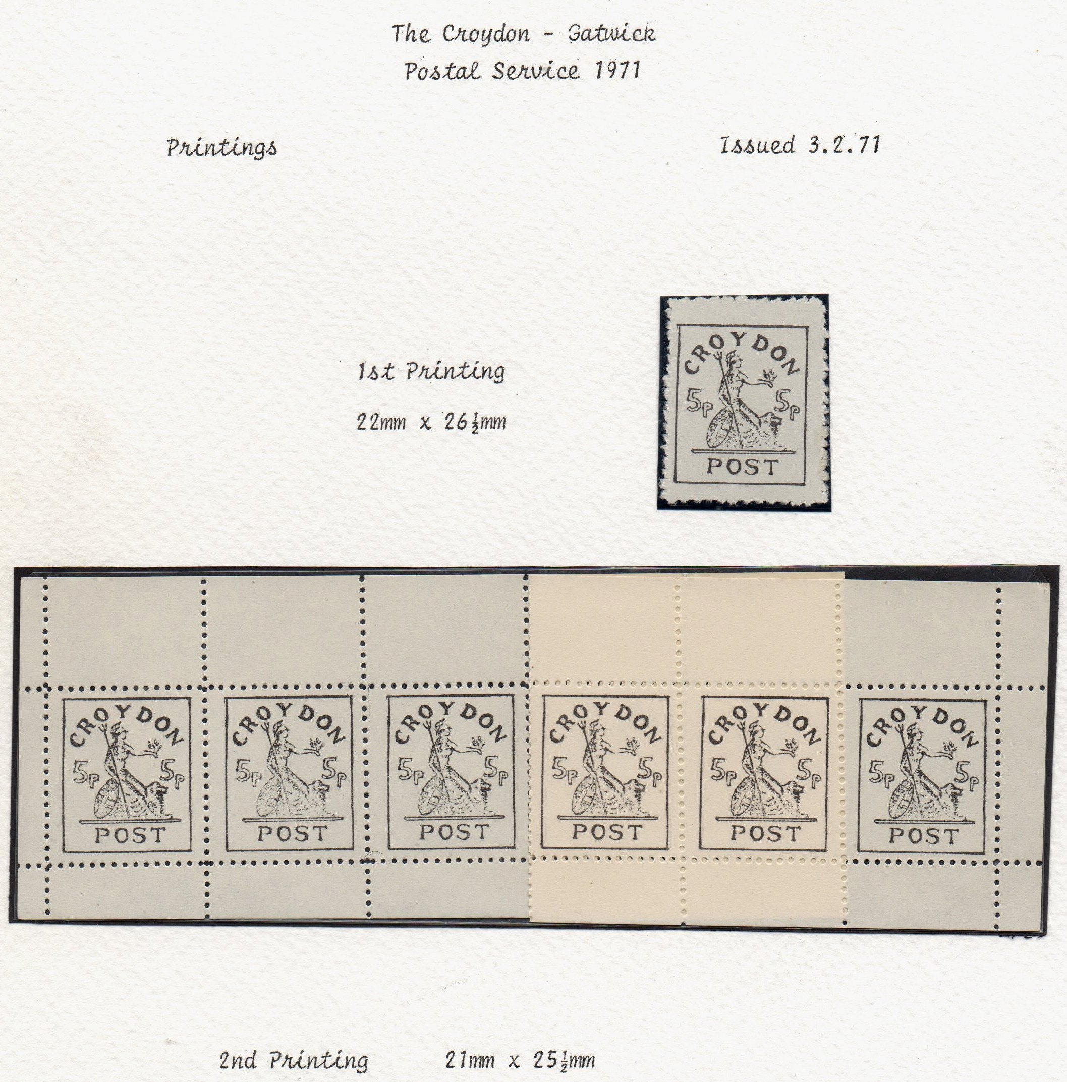 Croydon Gatwick Strike Post Stamps 1971 5p Britannia 1st Printing single & 2nd Printing sheet/10